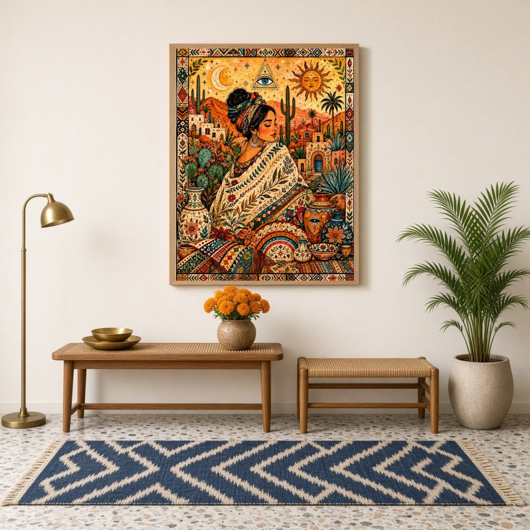 This enchanting artwork captures a serene goddess enveloped in rich bohemian patterns amidst a for Hallway
