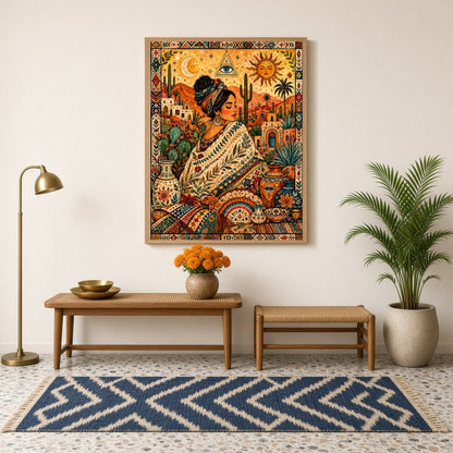 This enchanting artwork captures a serene goddess enveloped in rich bohemian patterns amidst a for Hallway