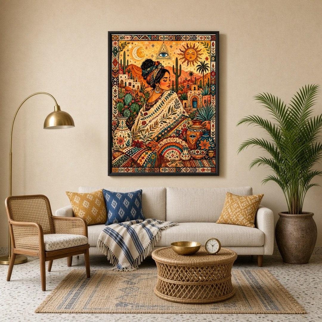 This enchanting artwork captures a serene goddess enveloped in rich bohemian patterns amidst a for Living Room
