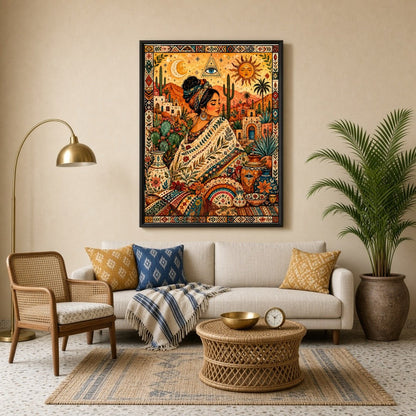 This enchanting artwork captures a serene goddess enveloped in rich bohemian patterns amidst a for Living Room