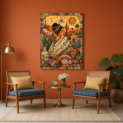 This enchanting artwork captures a serene goddess enveloped in rich bohemian patterns amidst a for Sitting Area