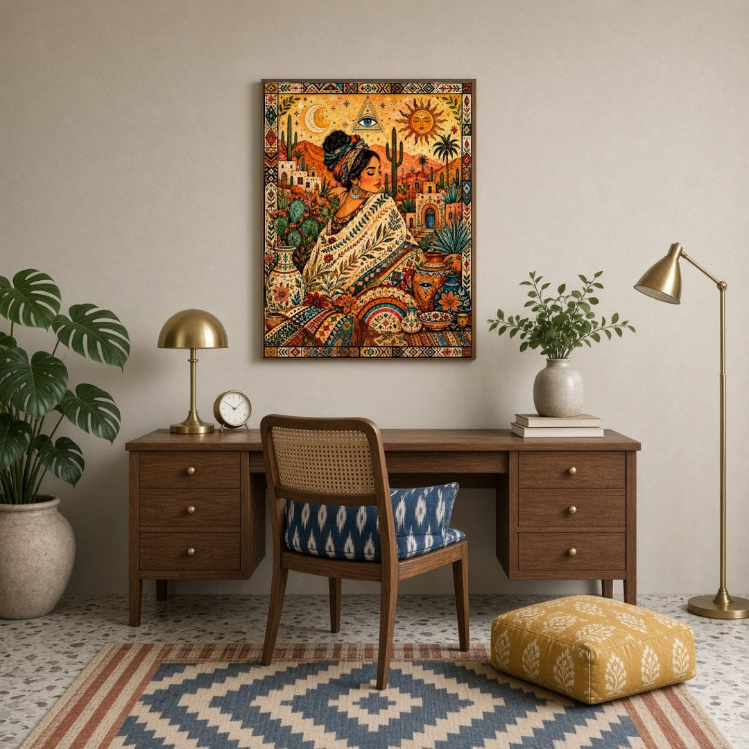 This enchanting artwork captures a serene goddess enveloped in rich bohemian patterns amidst a for Study