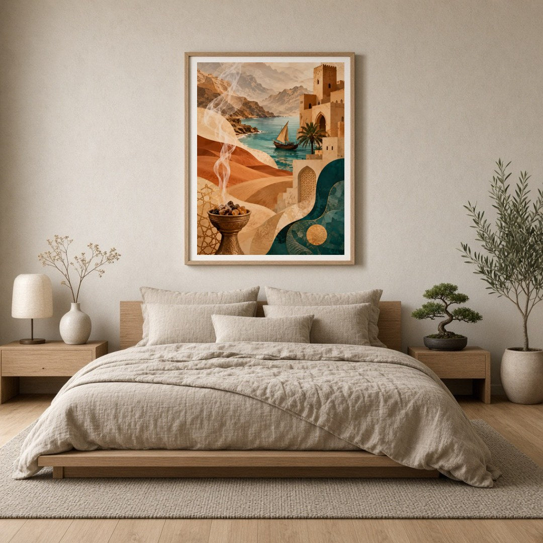 Immerse yourself in this enchanting Mediterranean art print, where a serene desert landscape meets for Bedroom