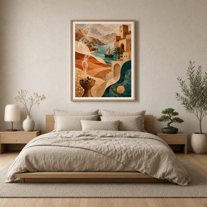 Immerse yourself in this enchanting Mediterranean art print, where a serene desert landscape meets for Bedroom