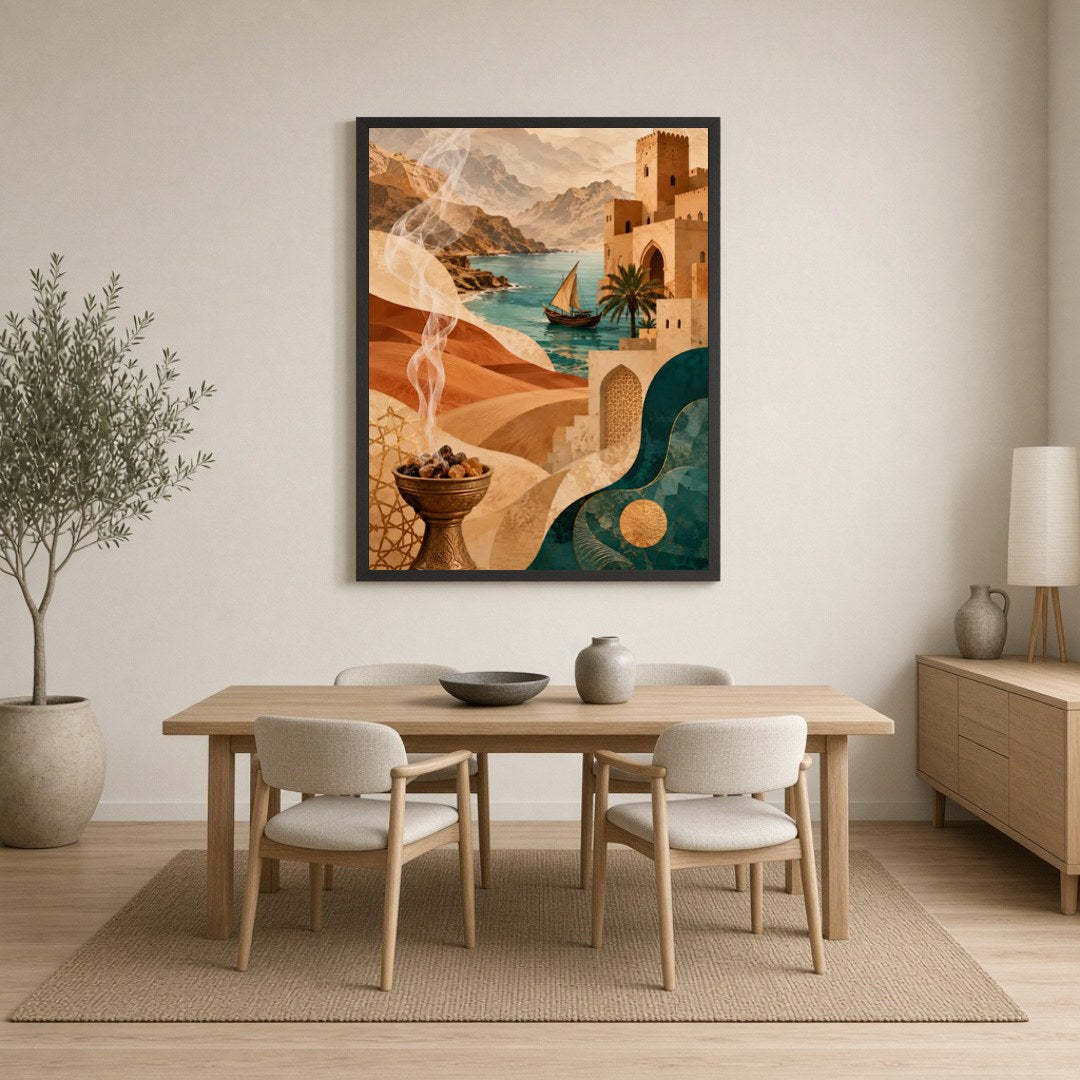 Immerse yourself in this enchanting Mediterranean art print, where a serene desert landscape meets for Dining