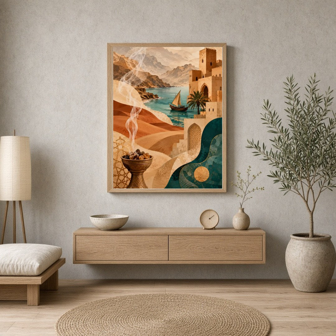 Immerse yourself in this enchanting Mediterranean art print, where a serene desert landscape meets for Entrance