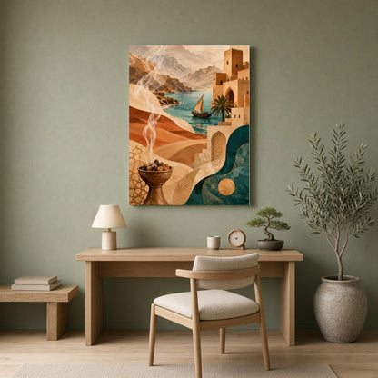 Immerse yourself in this enchanting Mediterranean art print, where a serene desert landscape meets for Home Office