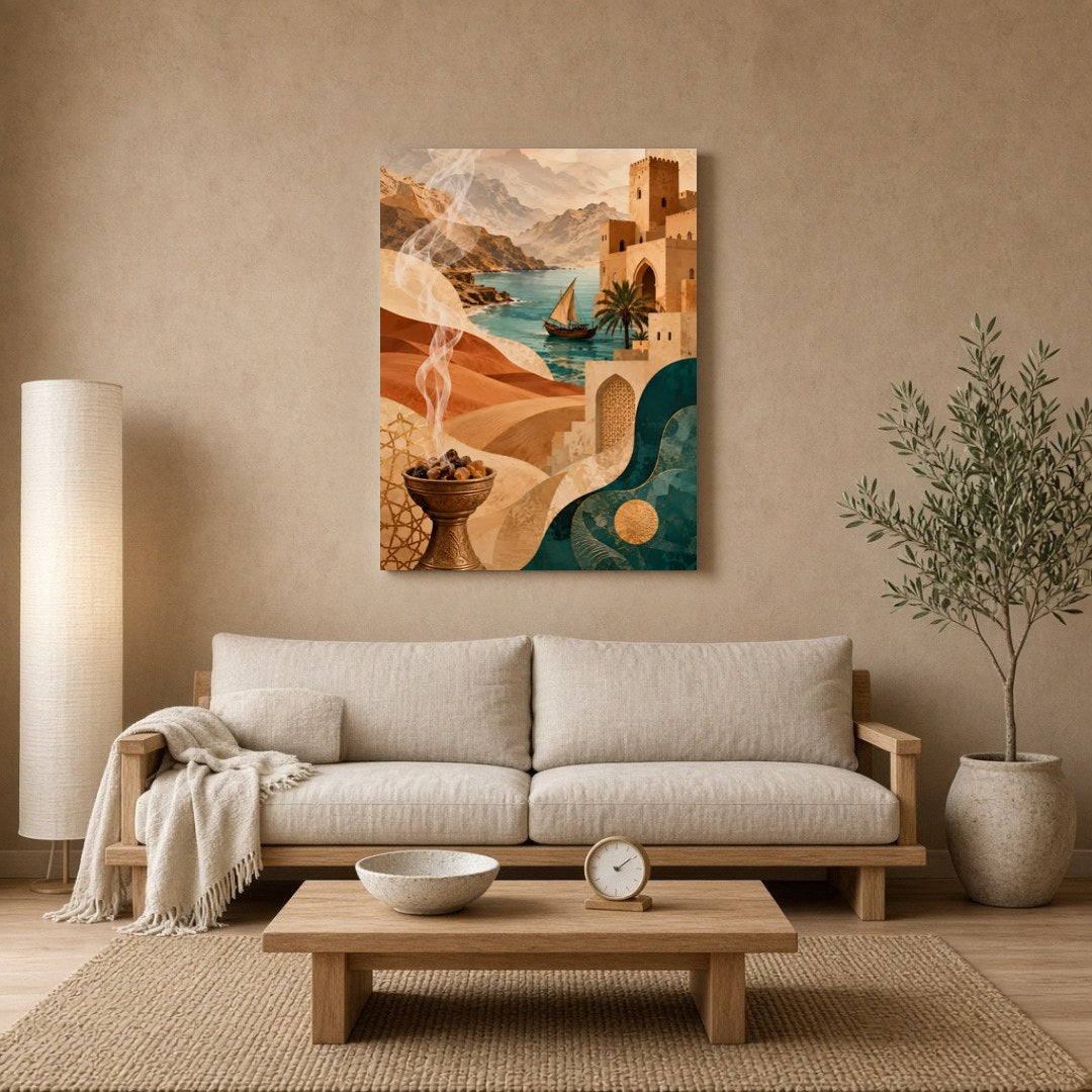 Immerse yourself in this enchanting Mediterranean art print, where a serene desert landscape meets for Living Room