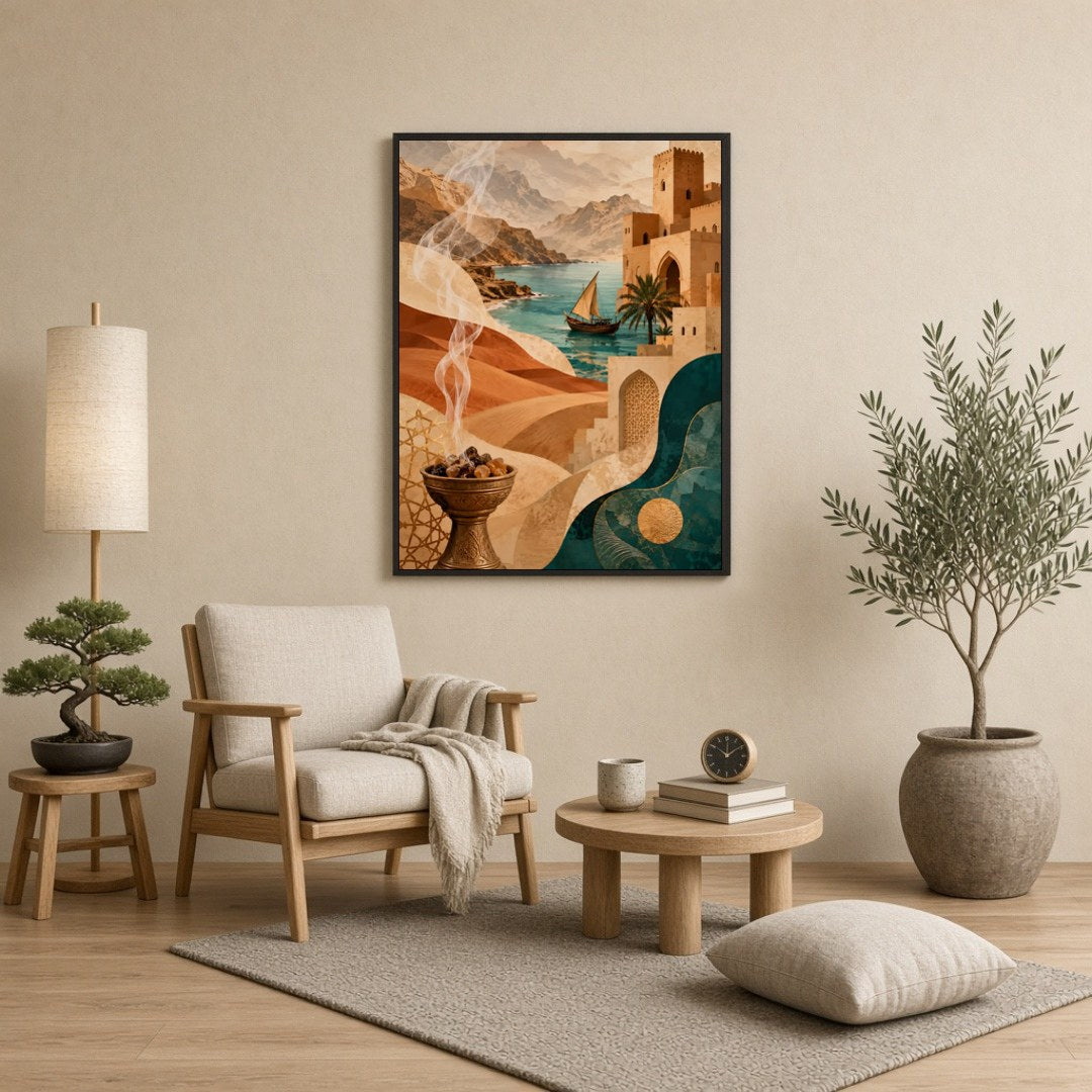 Immerse yourself in this enchanting Mediterranean art print, where a serene desert landscape meets for Reading Nook