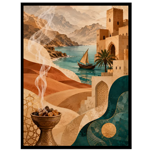 Immerse yourself in this enchanting Mediterranean art print, where a serene desert landscape meets for sweet-home