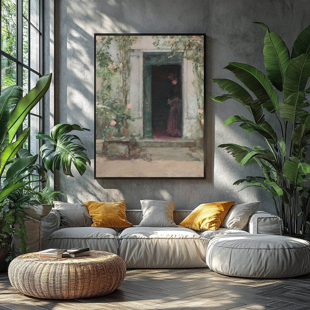 This evocative artwork captures a shadowed figure standing mysteriously at a faded green entrance. for Balcony