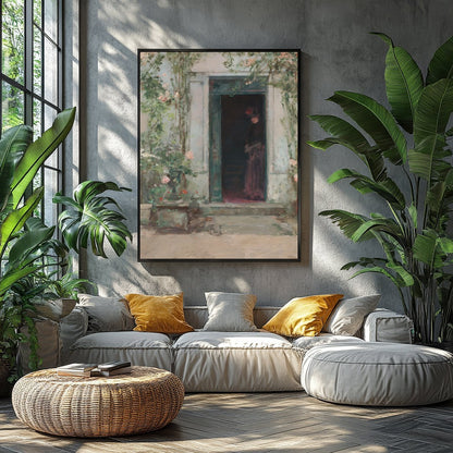 This evocative artwork captures a shadowed figure standing mysteriously at a faded green entrance. for Balcony