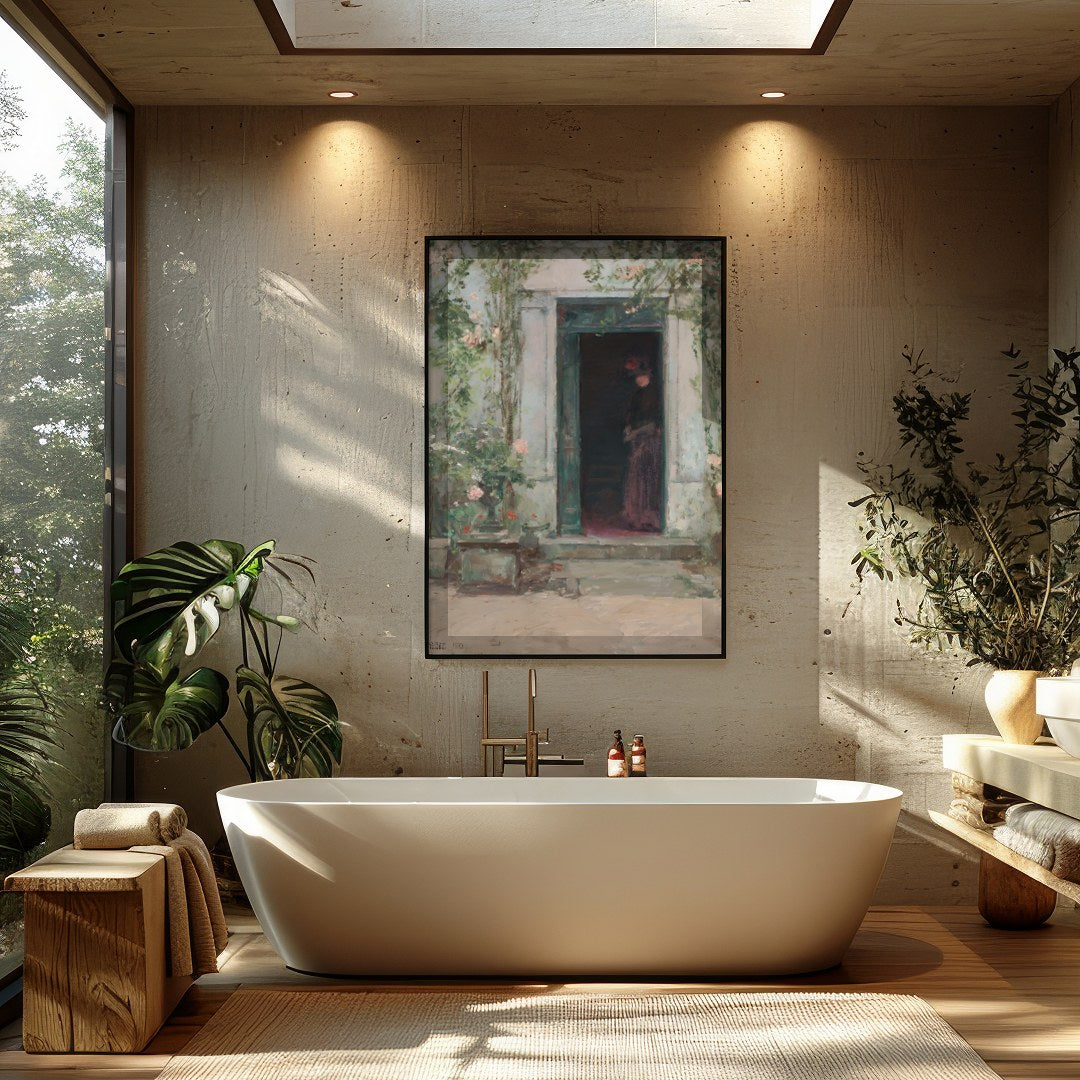 This evocative artwork captures a shadowed figure standing mysteriously at a faded green entrance. for Bathroom