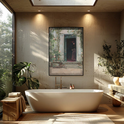 This evocative artwork captures a shadowed figure standing mysteriously at a faded green entrance. for Bathroom