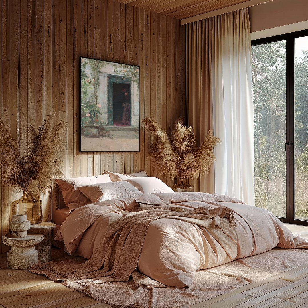 This evocative artwork captures a shadowed figure standing mysteriously at a faded green entrance. for Bedroom