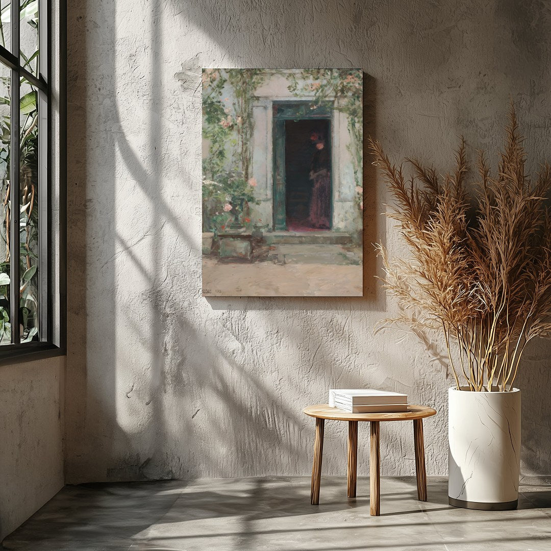 This evocative artwork captures a shadowed figure standing mysteriously at a faded green entrance. for Entrance