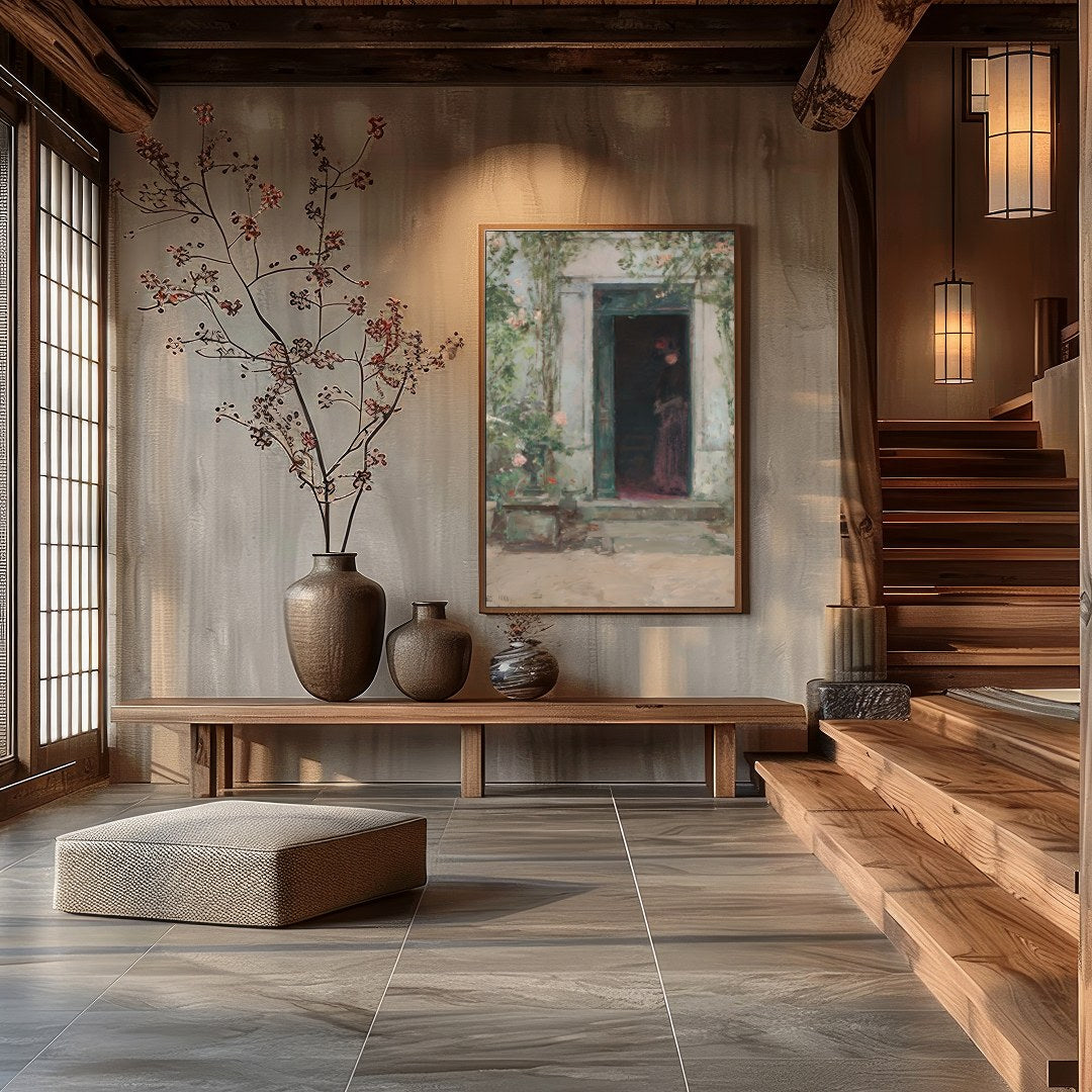 This evocative artwork captures a shadowed figure standing mysteriously at a faded green entrance. for Hall
