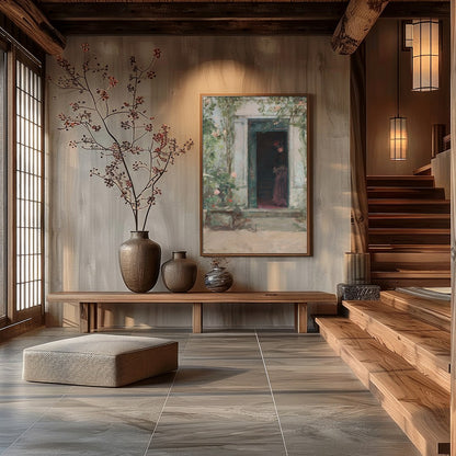 This evocative artwork captures a shadowed figure standing mysteriously at a faded green entrance. for Hall