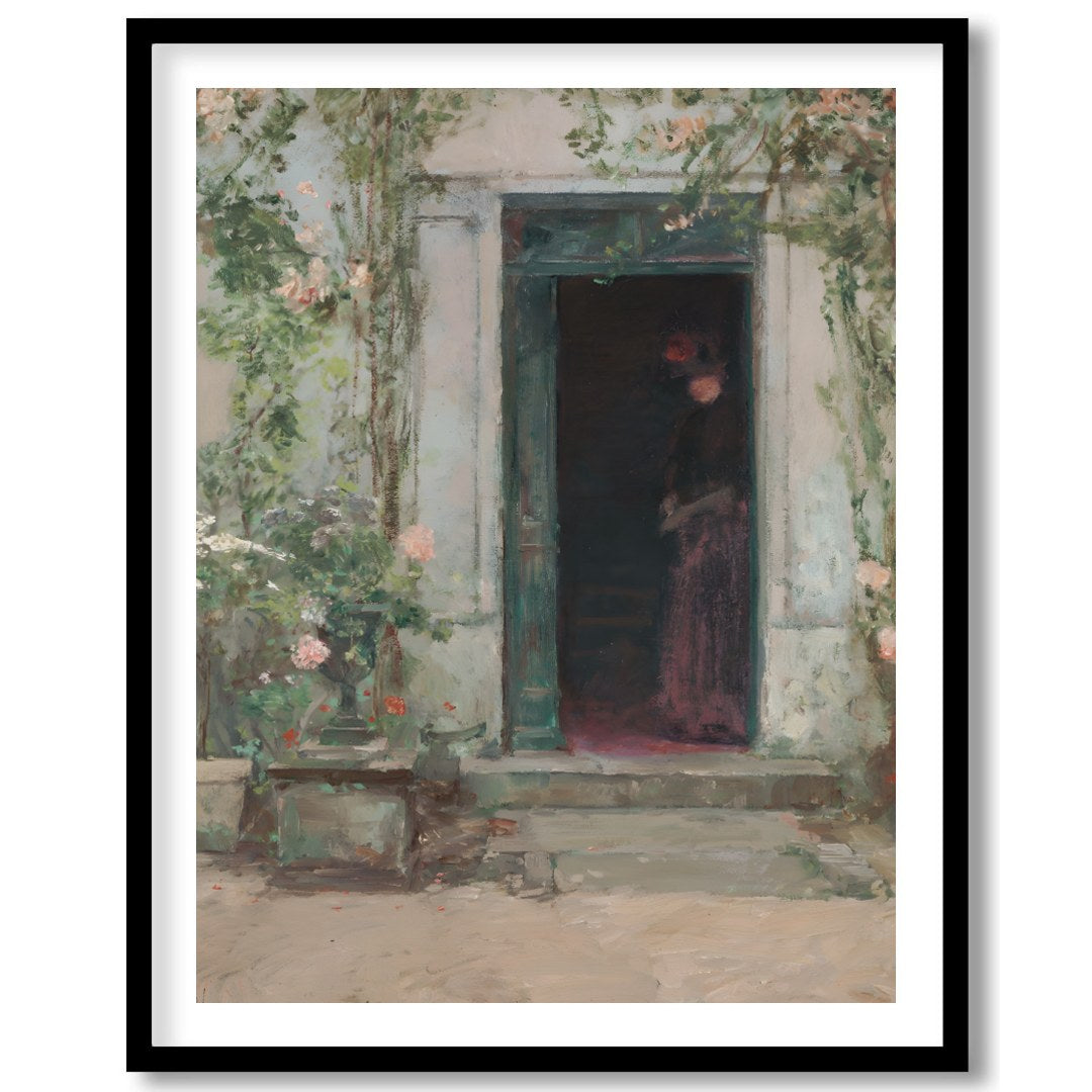 This evocative artwork captures a shadowed figure standing mysteriously at a faded green entrance. for home