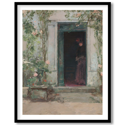 This evocative artwork captures a shadowed figure standing mysteriously at a faded green entrance. for home
