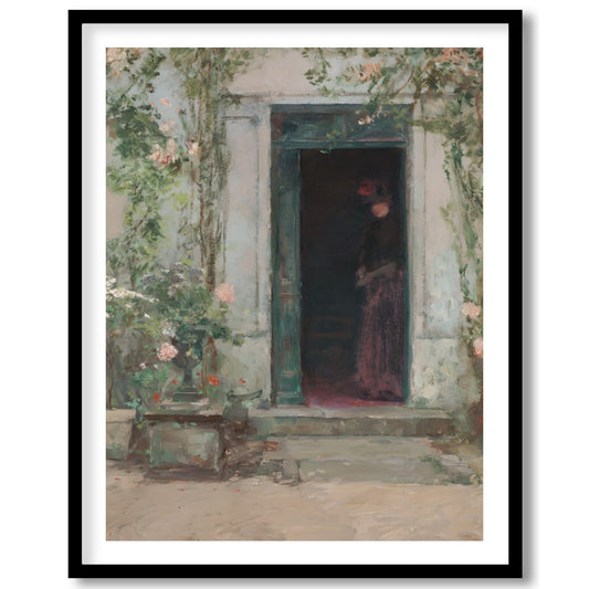 This evocative artwork captures a shadowed figure standing mysteriously at a faded green entrance. for home