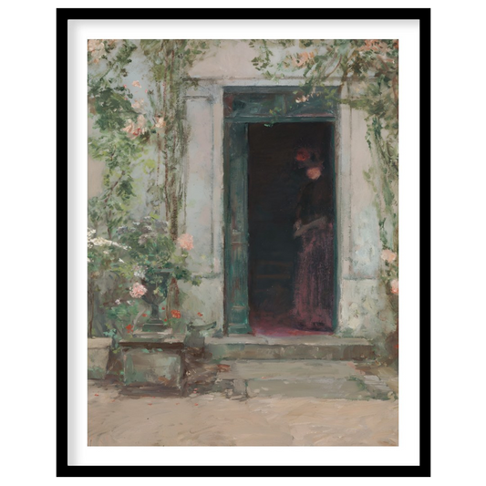This evocative artwork captures a shadowed figure standing mysteriously at a faded green entrance. for home