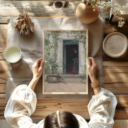 This evocative artwork captures a shadowed figure standing mysteriously at a faded green entrance. for Kitchen