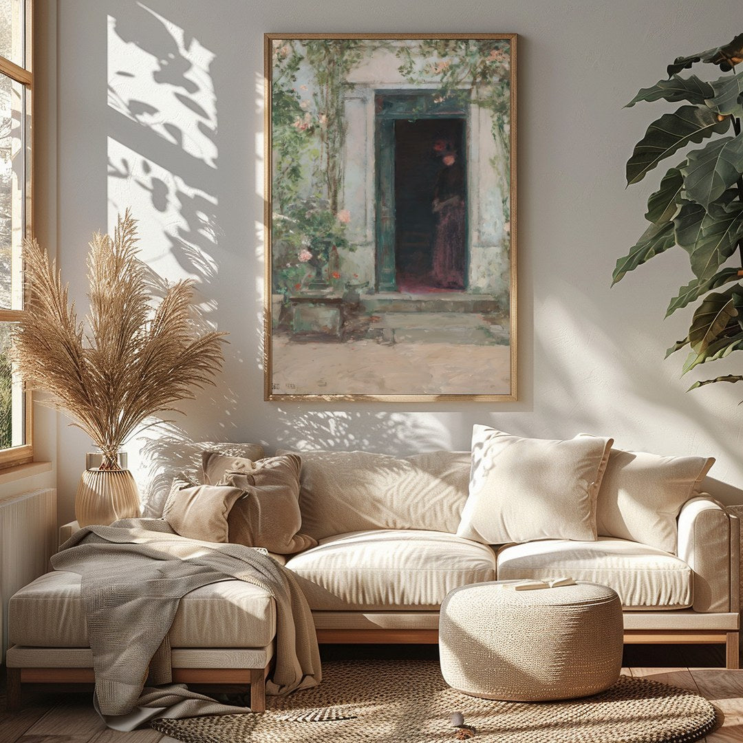 This evocative artwork captures a shadowed figure standing mysteriously at a faded green entrance. for Sitting Area