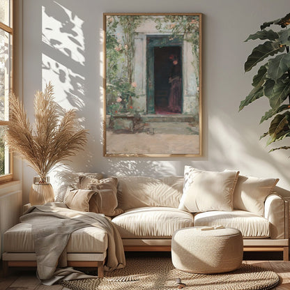 This evocative artwork captures a shadowed figure standing mysteriously at a faded green entrance. for Sitting Area