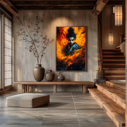 Immerse yourself in the captivating intensity of this artwork, featuring a mystical figure for Hall