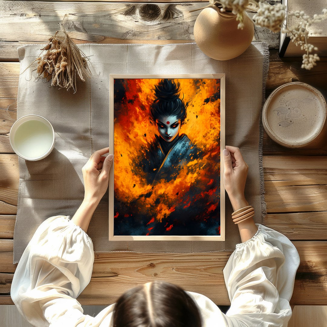 Immerse yourself in the captivating intensity of this artwork, featuring a mystical figure for Kitchen