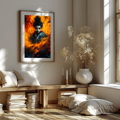 Immerse yourself in the captivating intensity of this artwork, featuring a mystical figure for sanctuary