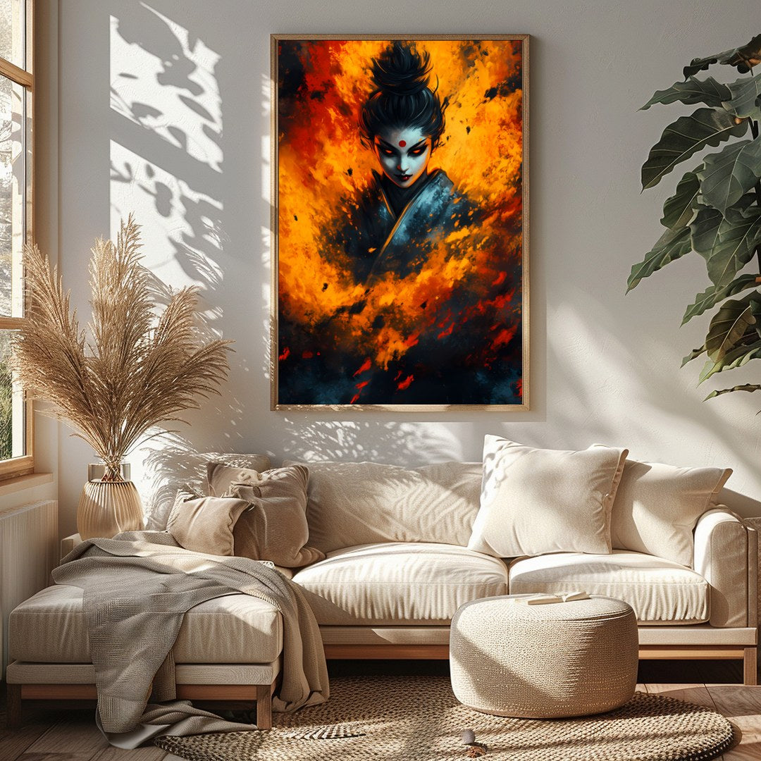 Immerse yourself in the captivating intensity of this artwork, featuring a mystical figure for Sitting Area