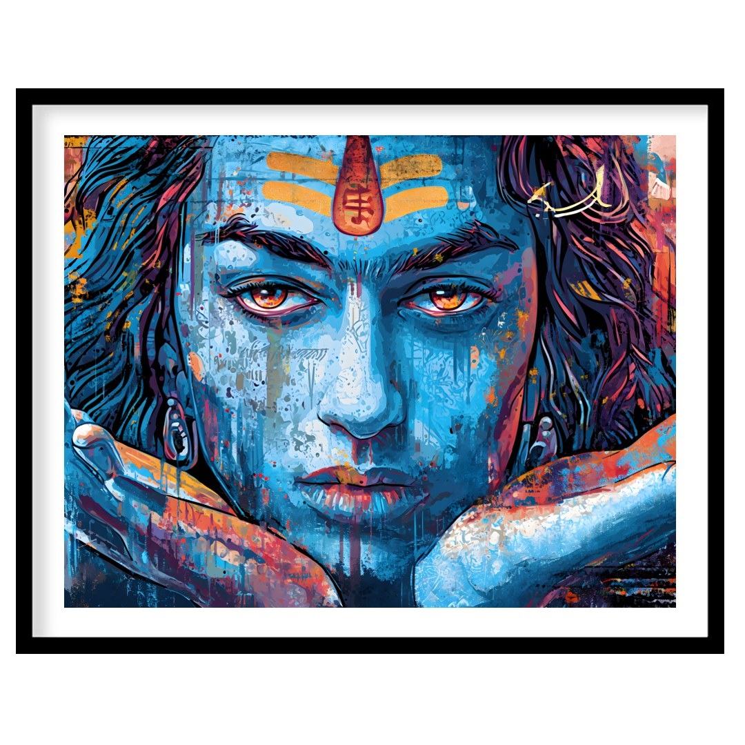 Dive into the spiritual realm with this captivating wall art depicting the enigmatic gaze of Shiva. for area