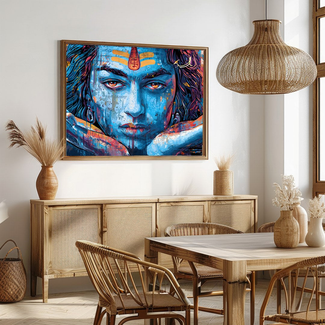 Dive into the spiritual realm with this captivating wall art depicting the enigmatic gaze of Shiva. for Dining