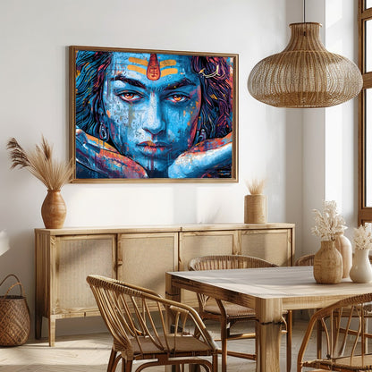 Dive into the spiritual realm with this captivating wall art depicting the enigmatic gaze of Shiva. for Dining