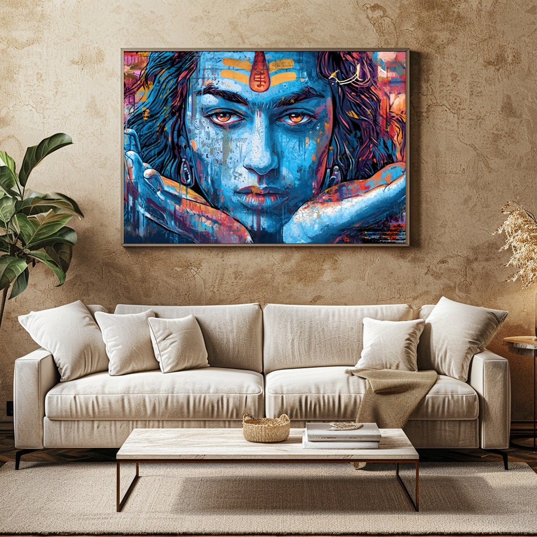 Dive into the spiritual realm with this captivating wall art depicting the enigmatic gaze of Shiva. for Family Room