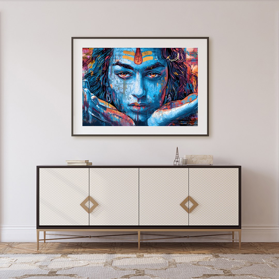 Dive into the spiritual realm with this captivating wall art depicting the enigmatic gaze of Shiva. for Foyer