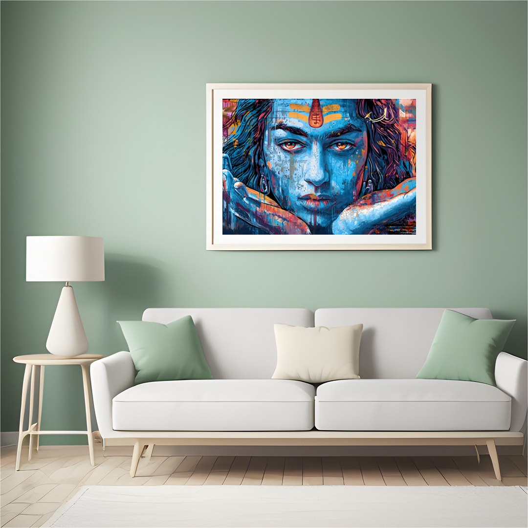 Dive into the spiritual realm with this captivating wall art depicting the enigmatic gaze of Shiva. for Hall
