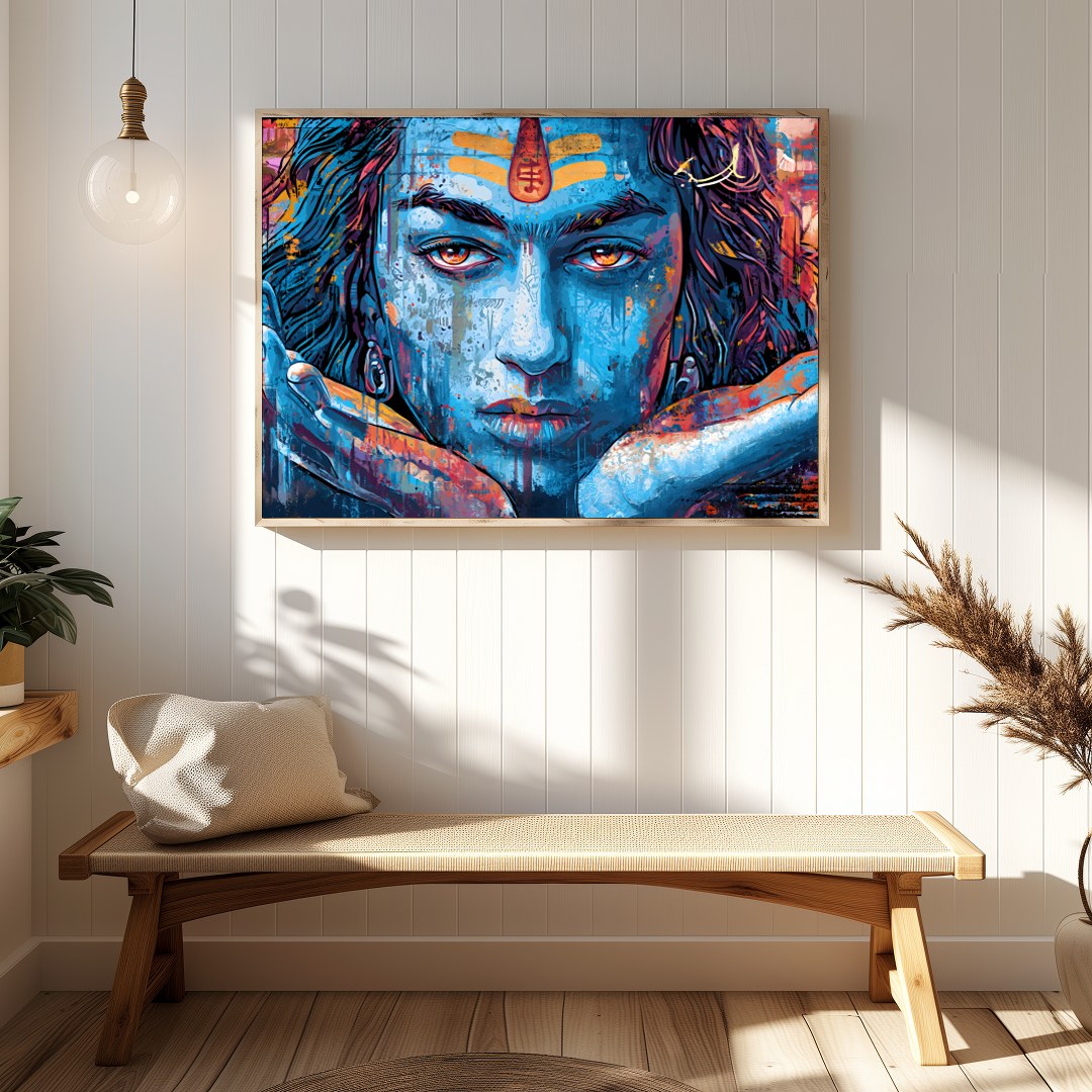 Dive into the spiritual realm with this captivating wall art depicting the enigmatic gaze of Shiva. for Hallway