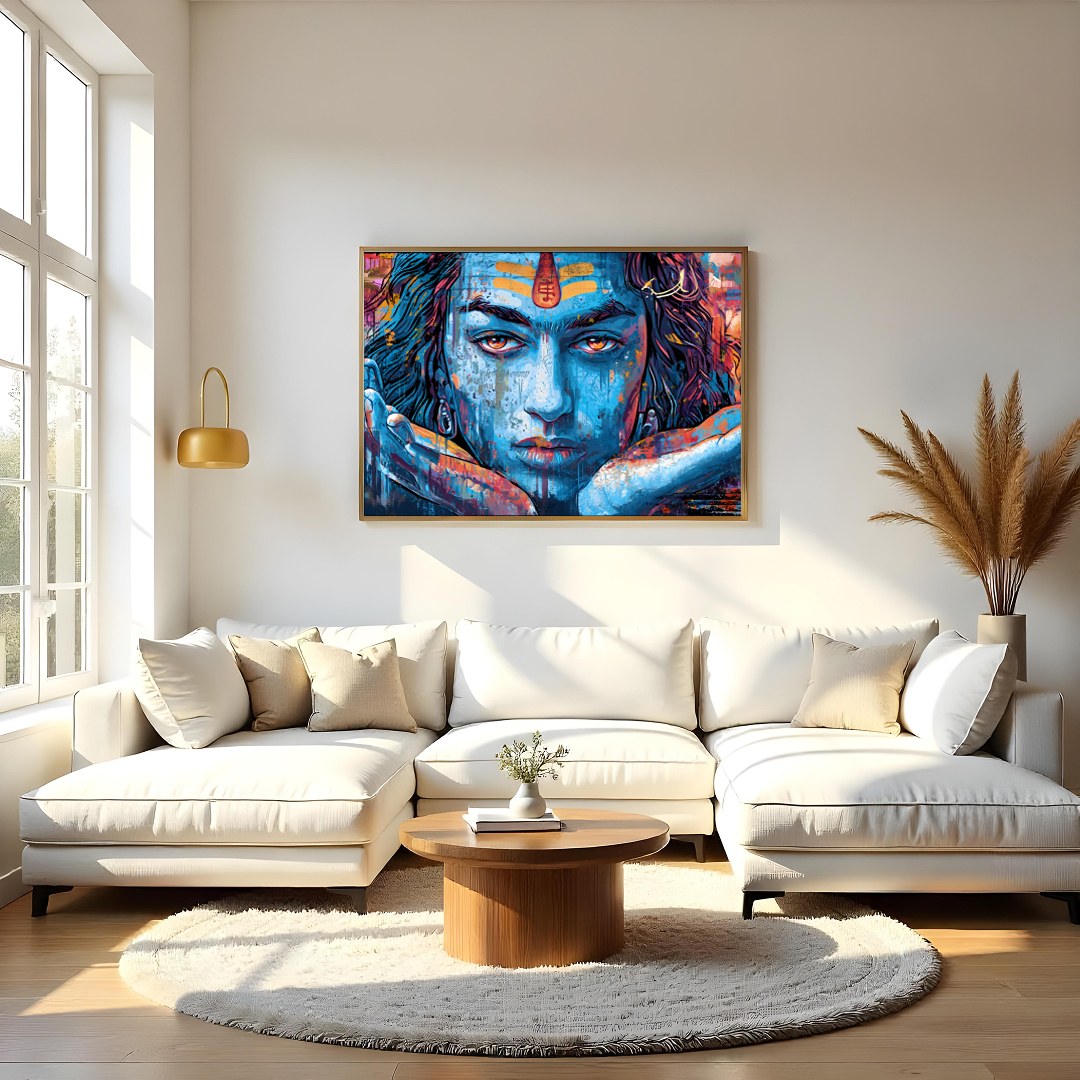 Dive into the spiritual realm with this captivating wall art depicting the enigmatic gaze of Shiva. for Living Room