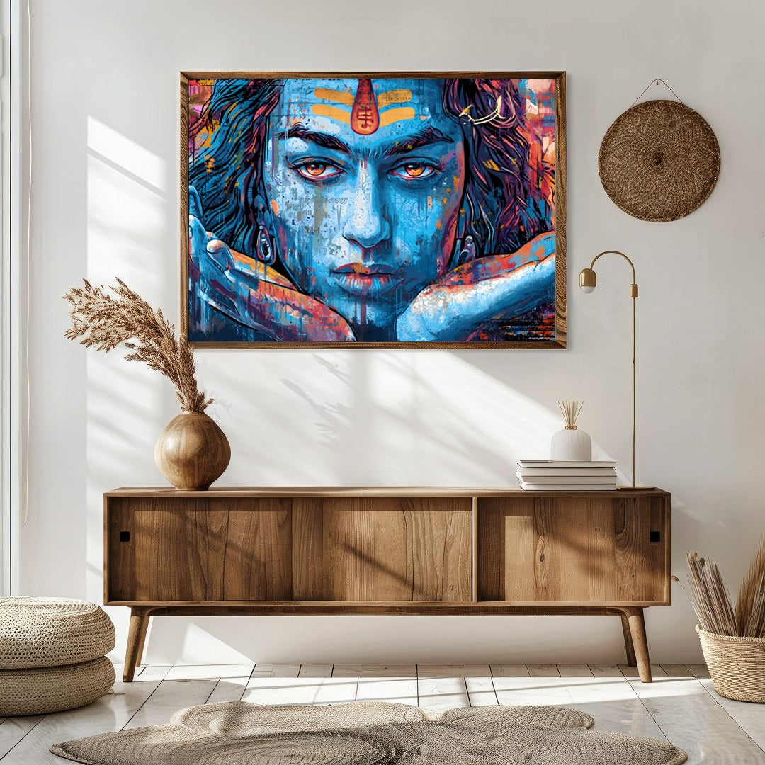 Dive into the spiritual realm with this captivating wall art depicting the enigmatic gaze of Shiva. for Sitting Area