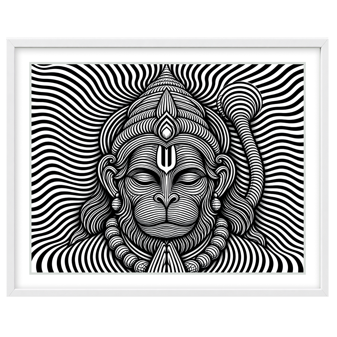 This striking artwork features a mesmerizing depiction of Lord Hanuman in intricate black and white for Base Landscape White