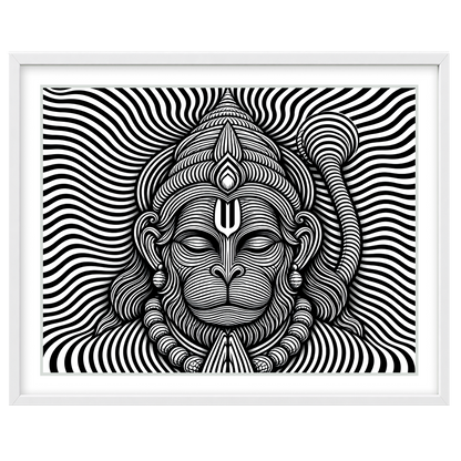 This striking artwork features a mesmerizing depiction of Lord Hanuman in intricate black and white for Base Landscape White