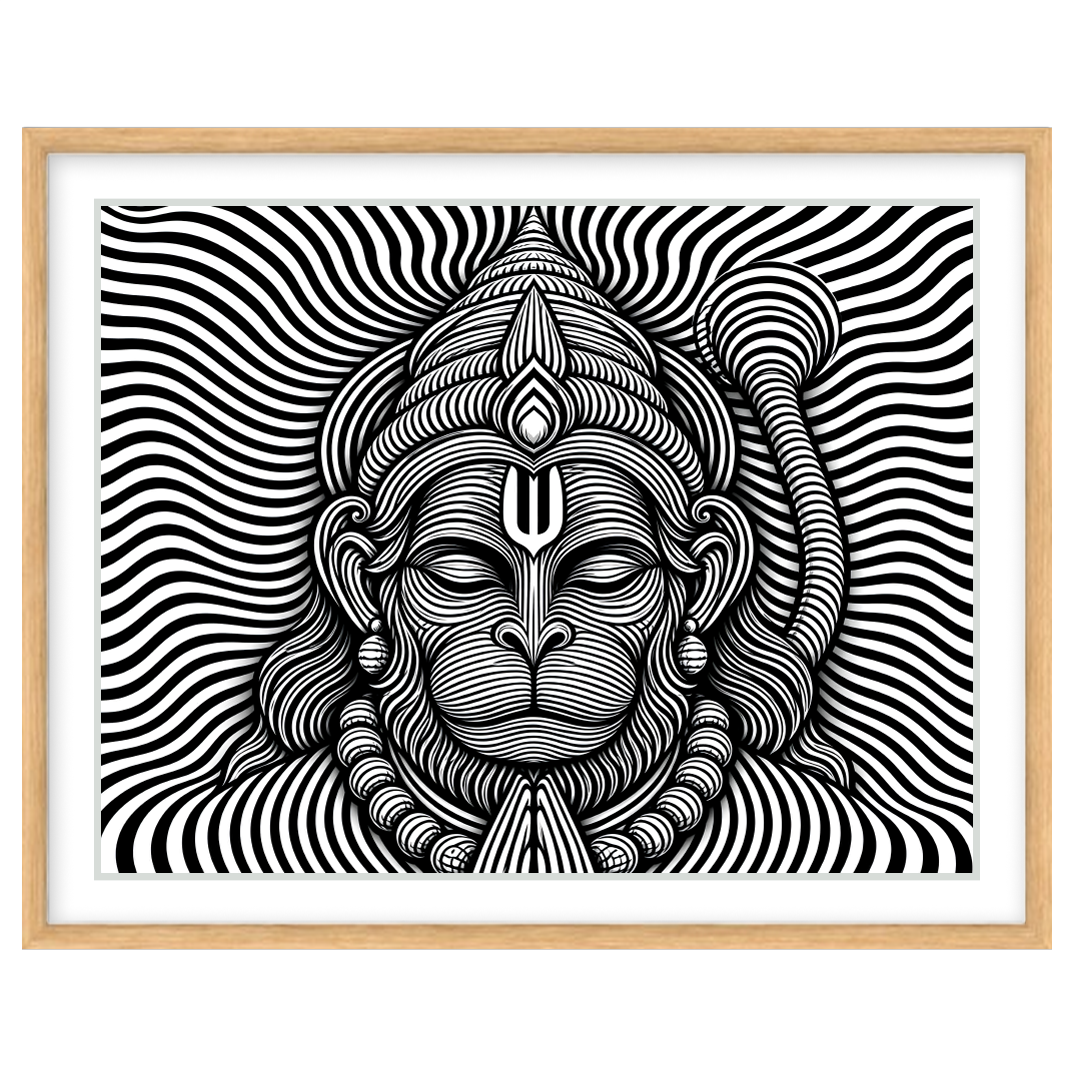 This striking artwork features a mesmerizing depiction of Lord Hanuman in intricate black and white for Base Landscape Wooden