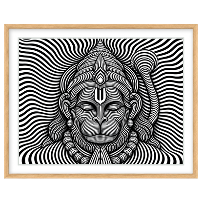 This striking artwork features a mesmerizing depiction of Lord Hanuman in intricate black and white for Base Landscape Wooden