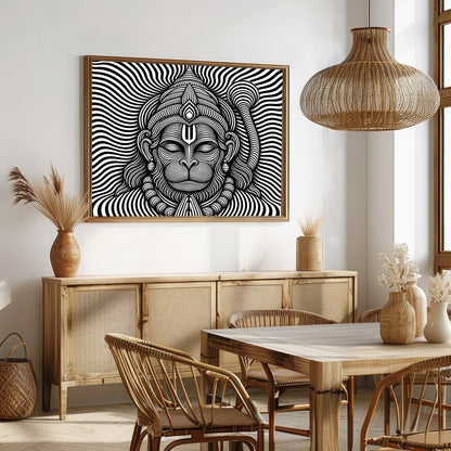 This striking artwork features a mesmerizing depiction of Lord Hanuman in intricate black and white for Dining
