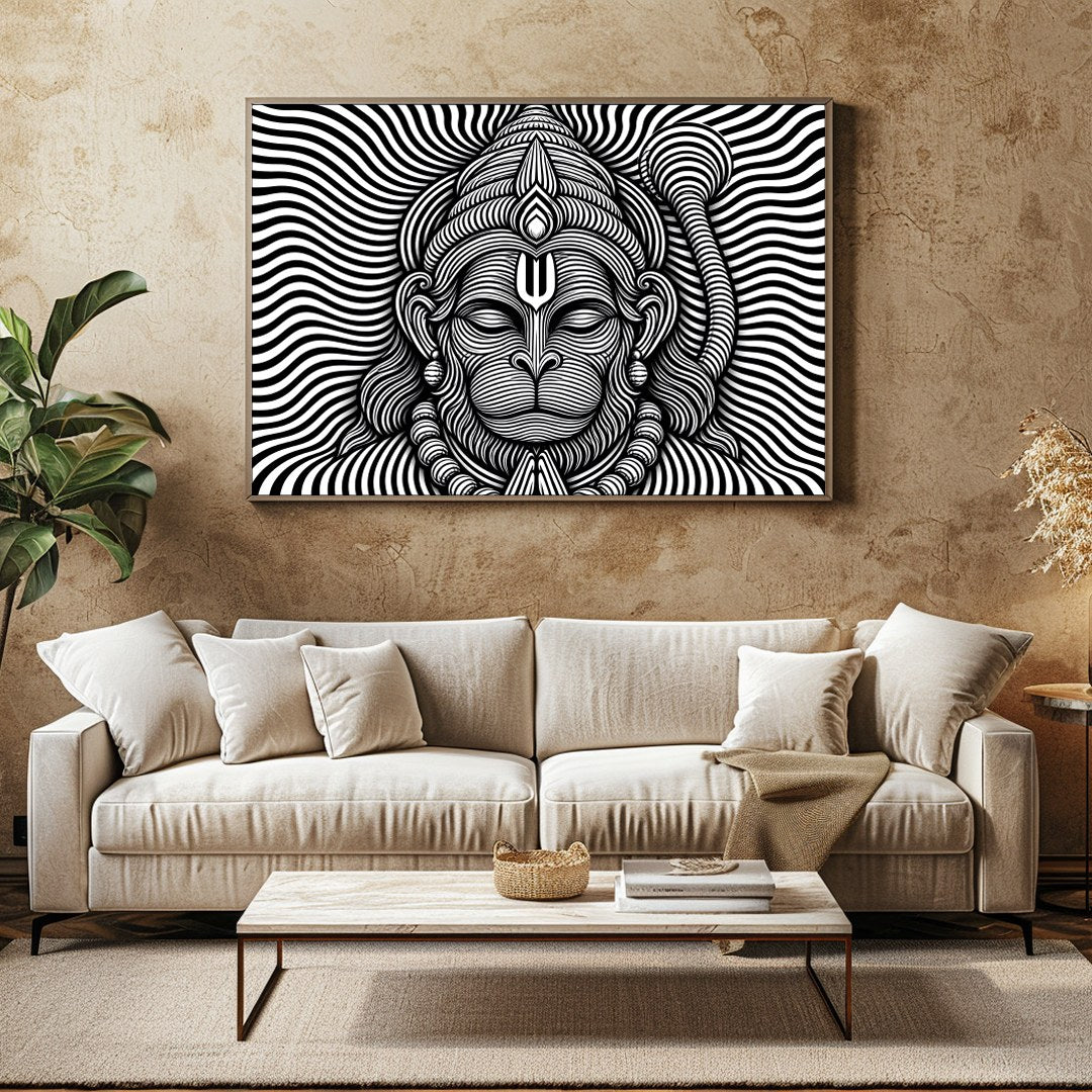 This striking artwork features a mesmerizing depiction of Lord Hanuman in intricate black and white for Family Room