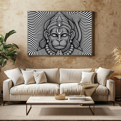 This striking artwork features a mesmerizing depiction of Lord Hanuman in intricate black and white for Family Room