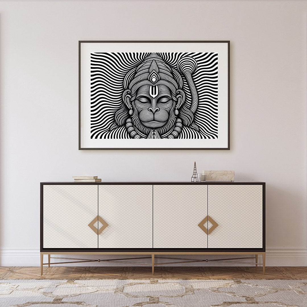 This striking artwork features a mesmerizing depiction of Lord Hanuman in intricate black and white for Foyer